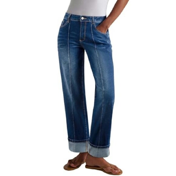 High Waisted Wide Leg Stretch Denim Jeans with Cuffed Hem & Pockets - Picture 4 of 8